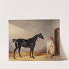 A dark bay hunter with a groom in a stable by William Barraud