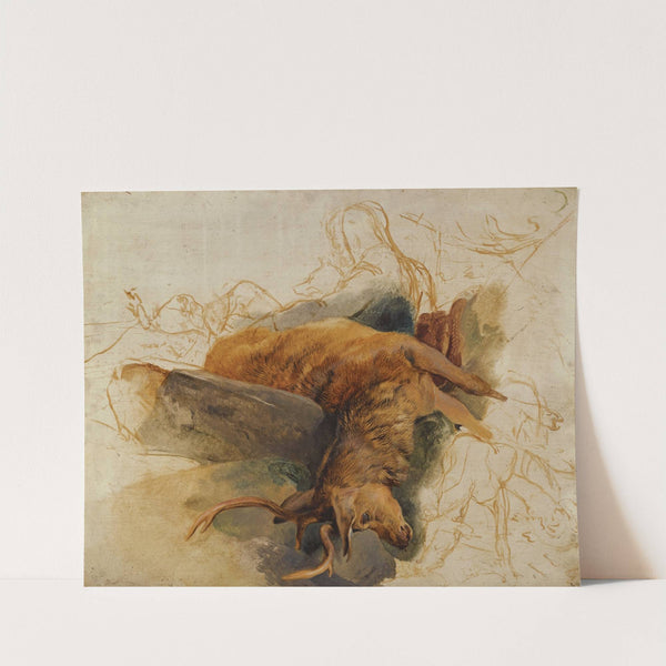 A Dead Stag, With Sketched Figures Of A Ghillie And Hounds by Sir Edwin Henry Landseer