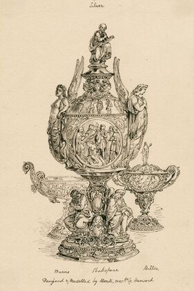 A design for a silver urn, Shakespeare at the top, Burns on the right side and Milton on the left (1848) — size preview