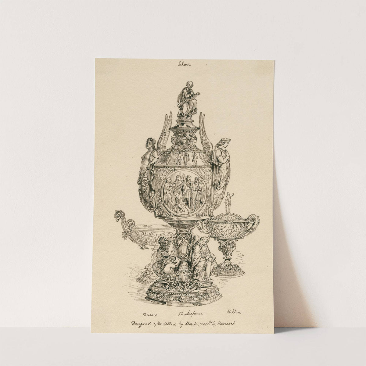 A design for a silver urn, Shakespeare at the top, Burns on the right side and Milton on the left (1848) by Robert Hancock