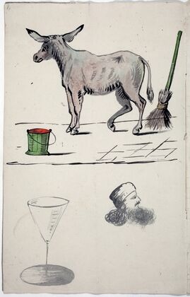 A donkey, wineglass, head of a man with turban and beard