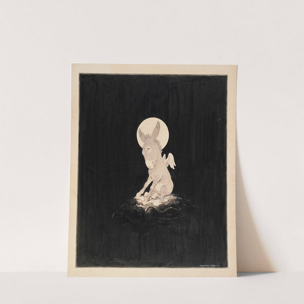 A donkey with wings and a halo, sitting on a cloud, surrounded by blackness (1913) by William Henry Walker