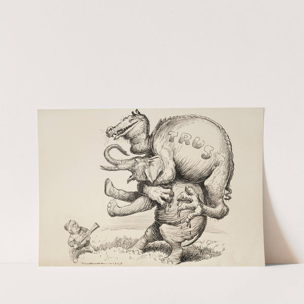 A dragon representing the trusts attacks the Republican Party elephant, which stands on its hind legs to try to knock off the dragon (1903) by William Henry Walker