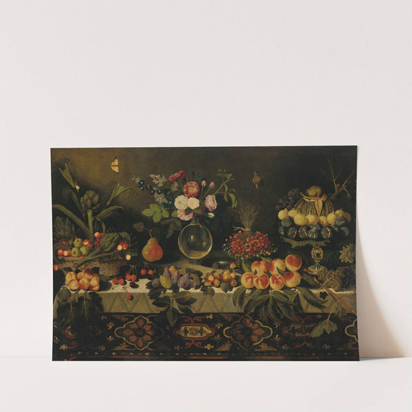 A draped table laden with fruit and flowers in a glass vase by Master Of The Hartford Still Life