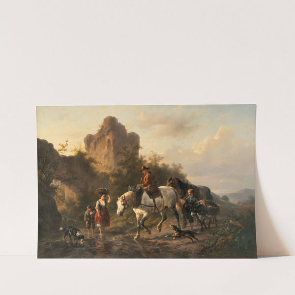 A driver with his family fording a stream by Wouterus Verschuur