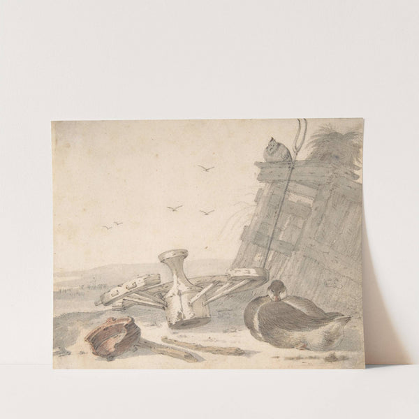A Duck Sleeping near a Broken Wheel in a Farmyard, a Chicken beyond (17th century) by Cornelis Saftleven