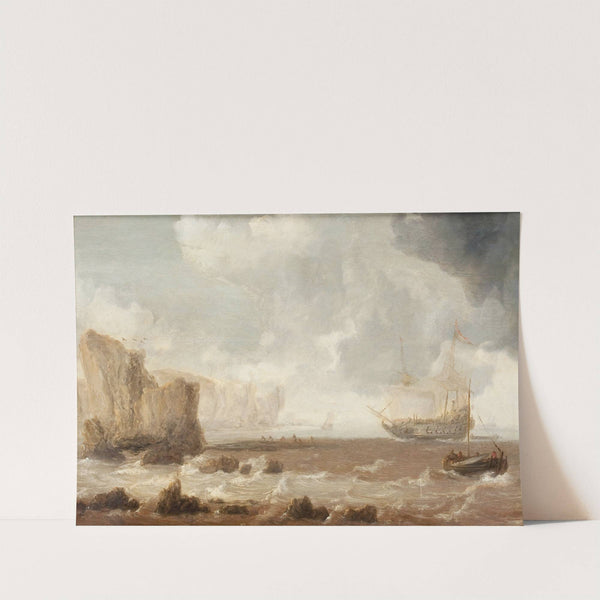 A Dutch Battleship and Sailing Boats in Choppy Seas near a Rocky Coast by Bonaventura Peeters the Elder