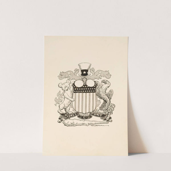 A family crest for Theodore Roosevelt, with an American flag, Uncle Sam’s hat, a bear, an eagle, a big stick, and three uses of his glasses (1907) by William Henry Walker