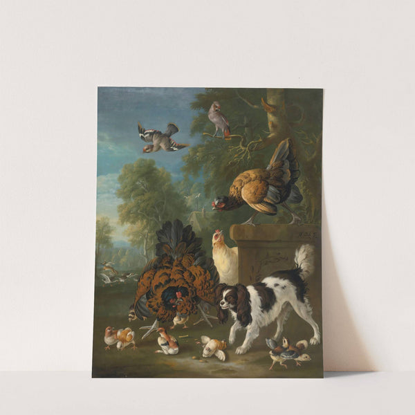 A Family Of Chickens Fending Off A Spaniel In A Landscape by Pieter Casteels III