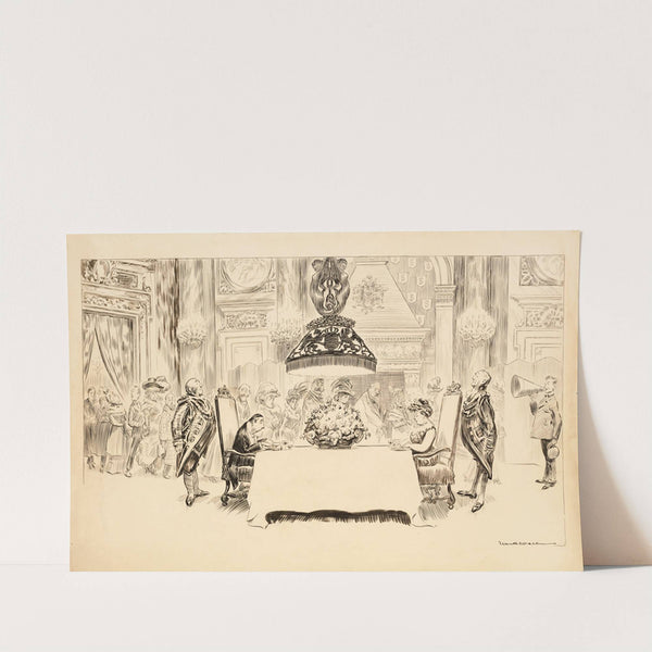 A fancy dinner party where only two guests are seated, eating. The rest stand and watch them. (1906) by William Henry Walker