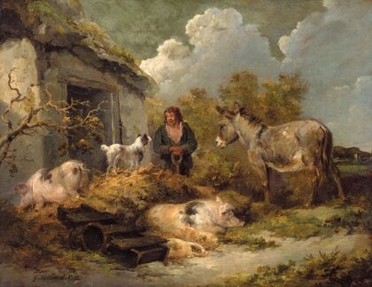 A Farm Boy With a Donkey, Pigs And a Sheep Dog