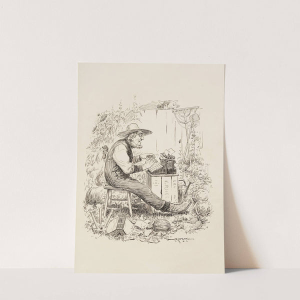 A farmer sits in his field, typing on a type writer, surrounded by his crops and animals, who watch him curiously. (1901) by William Henry Walker