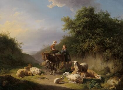 A Farmer With Three Cows, Three Sheep, One Goat And Five Chickens In A Landscape