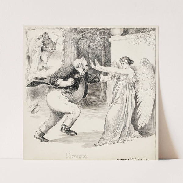 A fat man attacks a female angel in October. He remembers her walking with him peacefully at The Hague in July. (1899) by William Henry Walker