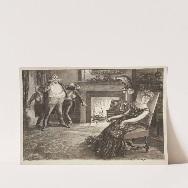 A fat man representing the Trusts pushes aside men representing competition and legislation to get the attention of Columbia, but she looks away (1902) by William Henry Walker