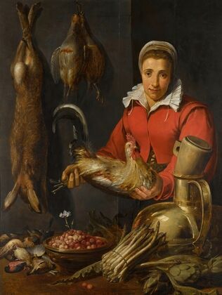 A female merchant holding a cockerel, with game, asparagus, artichokes, utensils and a bowl of wild strawberries