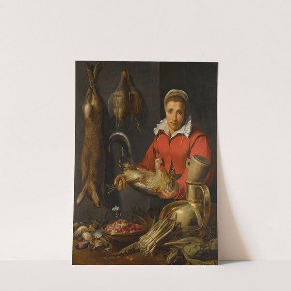 A female merchant holding a cockerel, with game, asparagus, artichokes, utensils and a bowl of wild strawberries by Frans Snyders