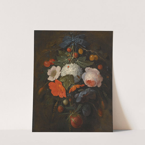 A Festoon Of Flowers And Fruit, Including A Pink Rose, A Poppy, A Snowball, Gooseberries And Fraises De Bois, Along With A Variety Of Insects by Abraham Mignon
