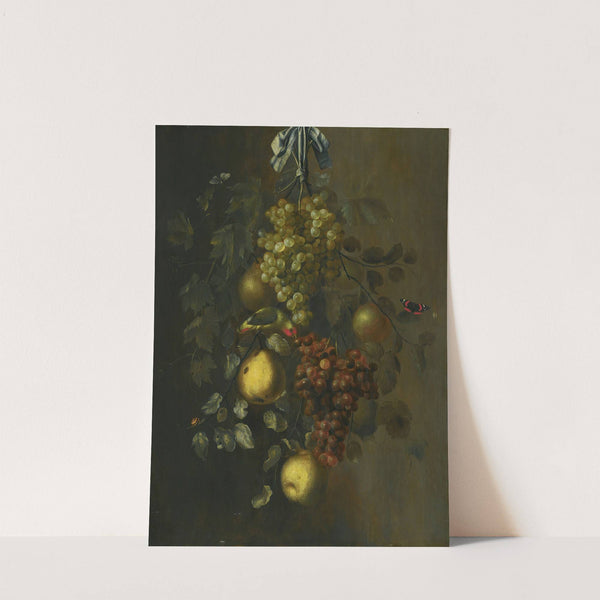 A Festoon Of Grapes, Apples And Pears Hanging From A Nail, With Snails, Butterflies And A Parrot by Gillis Gillisz. de Bergh