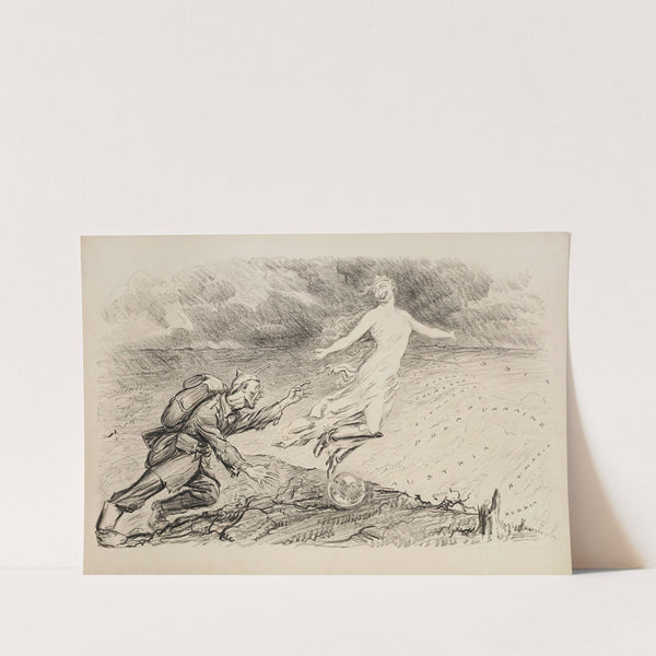 A figure representing world domination tempts an exhausted Prussian soldier by William Henry Walker