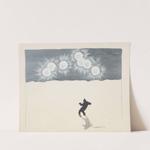 A figure walks along an empty white environment, with seven shining faces in the sky. (1897) by William Henry Walker