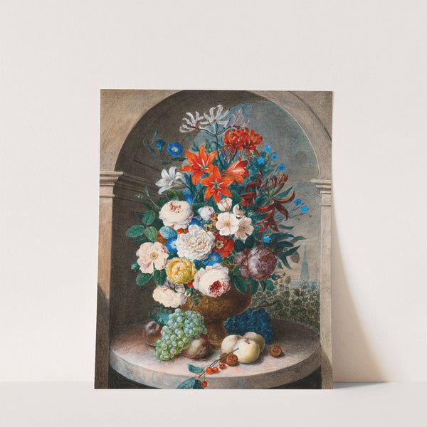 A flower still-life, in the manner of 17th century Netherlandish artists, Saint Stephen’s cathedral in the far distance by Joseph August Satory