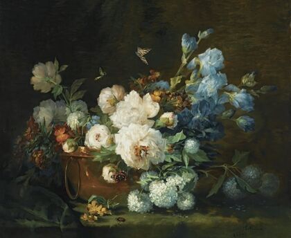 A Flower Still Life With Peonies, Irises, Hydrangea In A Copper Kettle, A Beetle And Butterflies
