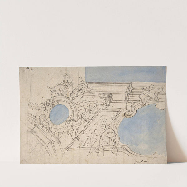 A Foreshortened View of a Ceiling Corner Decorated with Statues, Putti and Garlands by Luigi Garzi