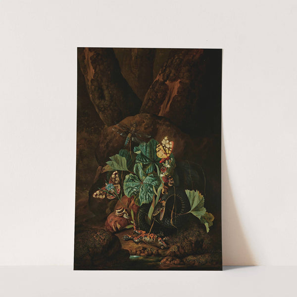 A forest floor with a snake, frog, snail, butterflies and other insects by Karl Wilhelm De Hamilton