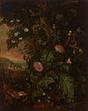 A forest floor with a weasel, mouse, opium poppy and thistle, a view of Rome in the background