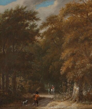 A forest landscape with a traveller and a rider on a white horse