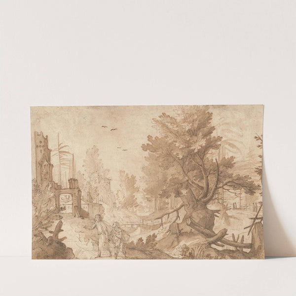 A forest landscape with buildings and Tobias and the angel by Remigio Cantagallina