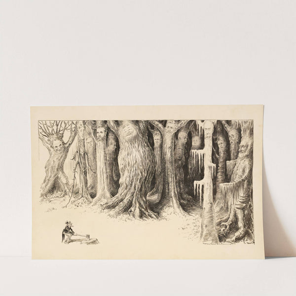 A forrest of large trees and each tree has the face of a different man. A tiny Uncle Sam approaches with an ax, smiling. (1907) by William Henry Walker