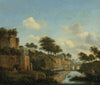 A fortified town with figures bathing