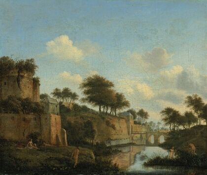 A fortified town with figures bathing