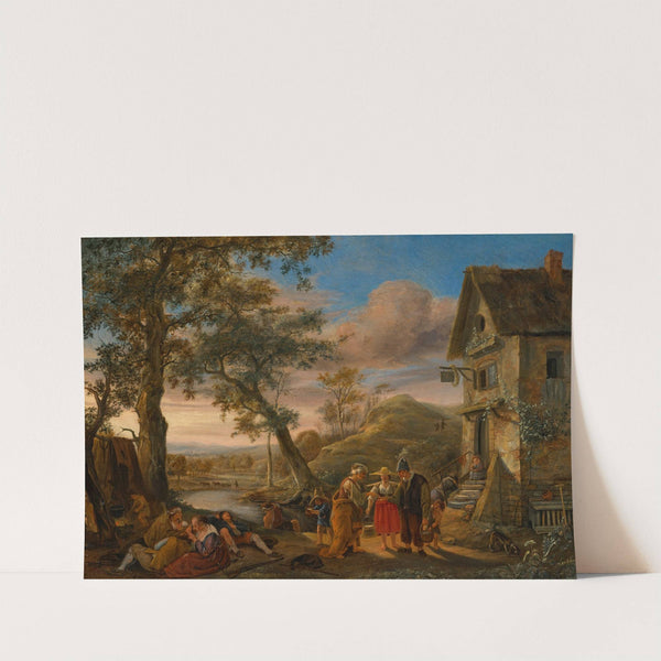 A fortune teller and peasants before an inn with a river landscape beyond by Jan Steen