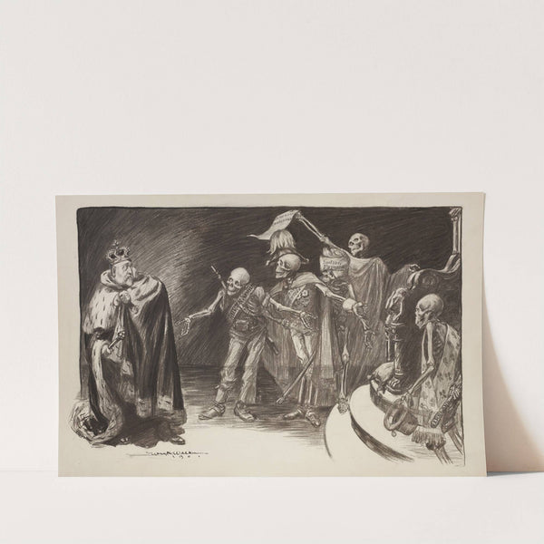 A frightened king, possibly Great Britain, is threatened by skeletons (1901) by William Henry Walker