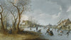 A Frozen River Landscape With A Man Pushing His Wife Along The Ice In A Sledge