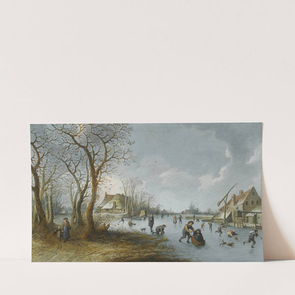 A Frozen River Landscape With A Man Pushing His Wife Along The Ice In A Sledge by Pieter de Bloot