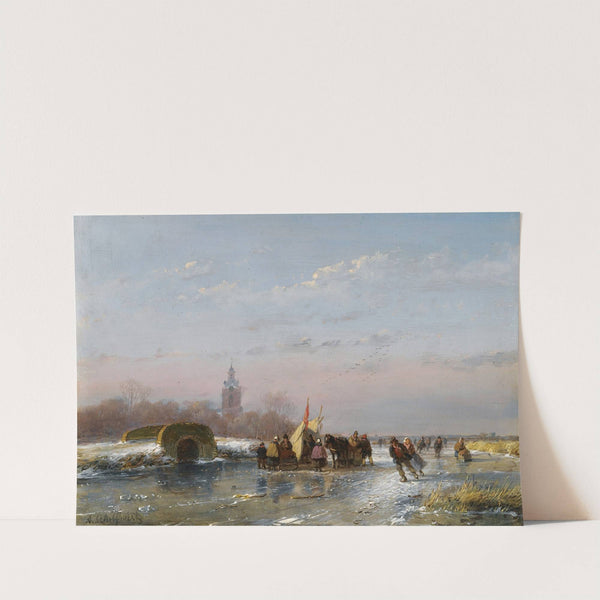 A Frozen Waterway With Skaters By A Refreshment Stall by Andreas Schelfhout