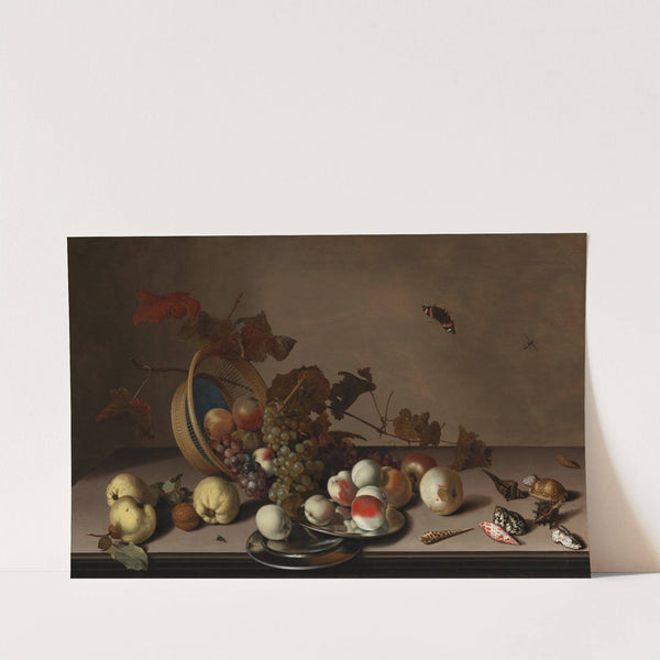 A fruit still life with a wicker basket, shells and a butterfly by Balthasar van der Ast