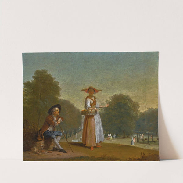 A fruitseller and a man resting, a park beyond by Pieter Angillis