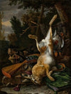 A game still life with a hung hare, a boar’s head and a musket in a landscape (1668)