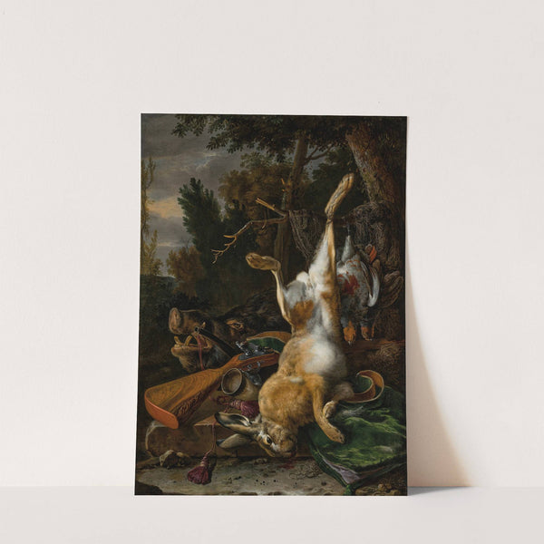 A game still life with a hung hare, a boar’s head and a musket in a landscape (1668) by Melchior d'''Hondecoeter