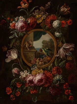 A garland of flowers encircling a tondo with fruit, monkey and parrot — size preview