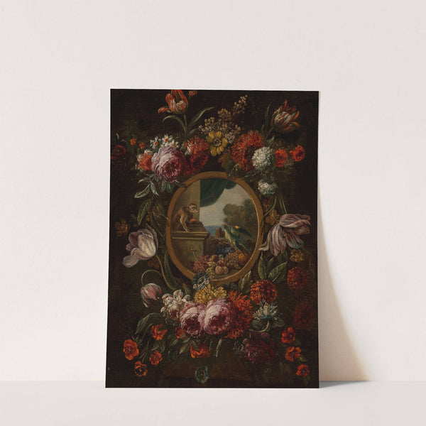 A garland of flowers encircling a tondo with fruit, monkey and parrot by Circle of Karel van Vogelaer