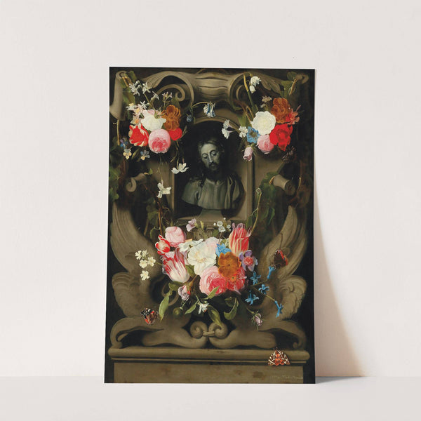 A garland of flowers surrounding a cartouche with a bust of Christ by Jan Philips van Thielen