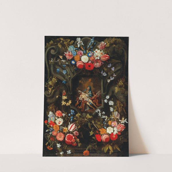 A garland of flowers surrounding a cartouche with a Pietà by Jan Philips van Thielen