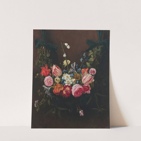 A garland of flowers with tulips, daffodils, lilies of the valley suspended from ribbons by Jan Philips van Thielen