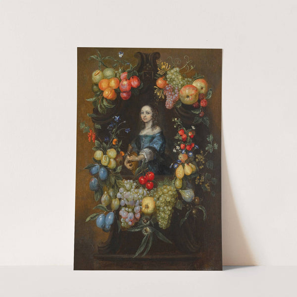 A garland of fruit and flowers surrounding a portrait of a lady in a blue dress, holding a guitar by Catarina Ykens